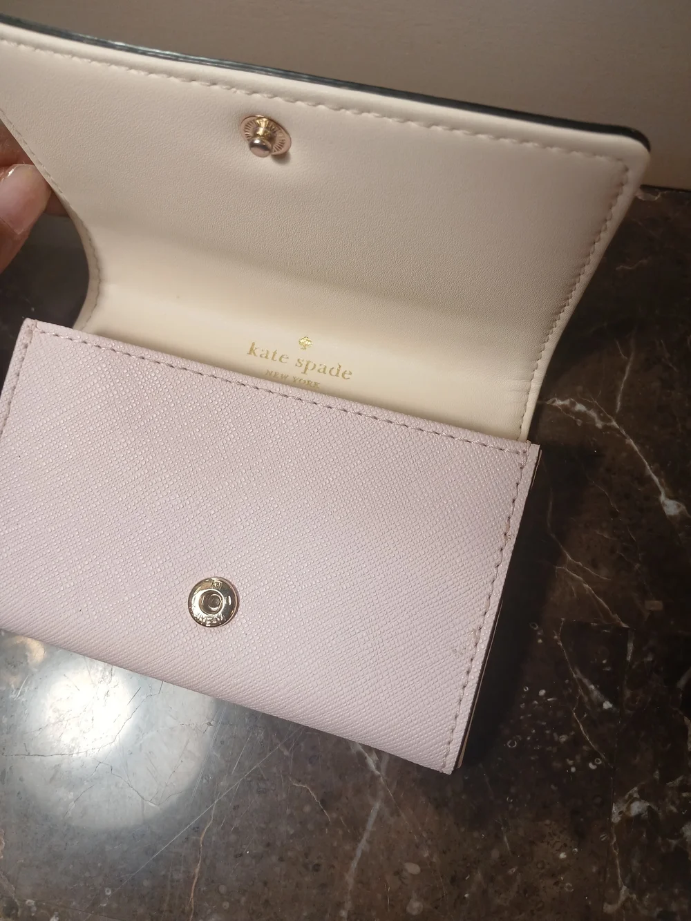 kate spade light pink Saffiano card & key holder with gold logo